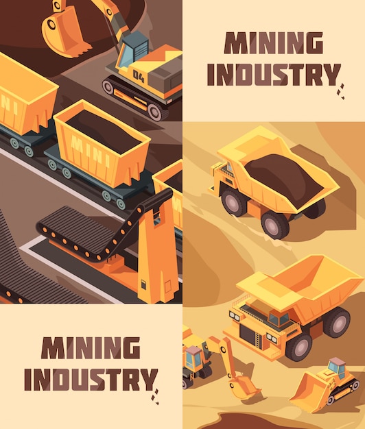 Vector gratuito dos banners de minería vertical con imágenes isométricas de camiones.