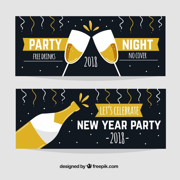 Dos banners en negro de fiesta de año nuevo con champán dibujados a mano