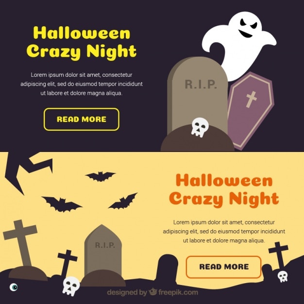 Vector gratuito dos banners con tumbas y fantasmas para halloween