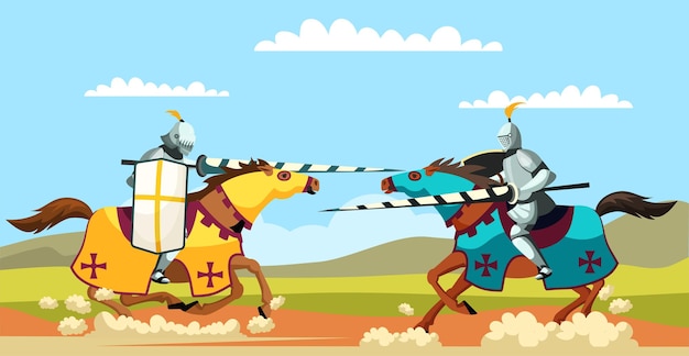 Vector gratuito dos caballeros armados al galope a caballo torneo medieval de caballería antiguos guerreros con picos y escudos luchando a caballo