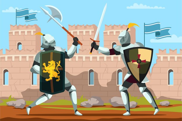 Dos caballeros armados con espada y escudo luchando Acción de batalla histórica