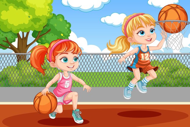 Dos chicas jugando al baloncesto