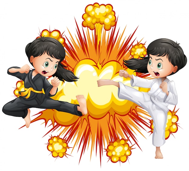 Dos chicas en traje de kungfu luchando