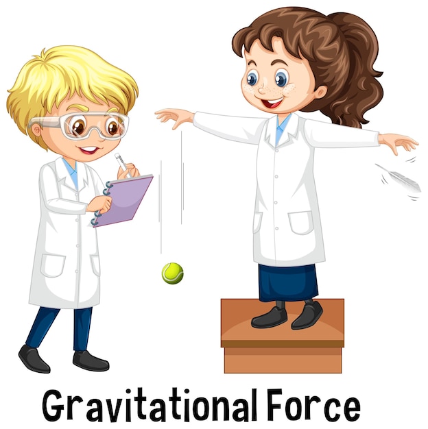 Vector gratuito dos científicos haciendo fuerza gravitacional.