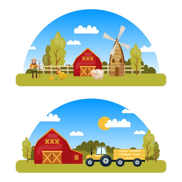 Dos coloridos panoramas de granja con vista al campo y elementos de estilo de dibujos animados, como el almacén de tractores