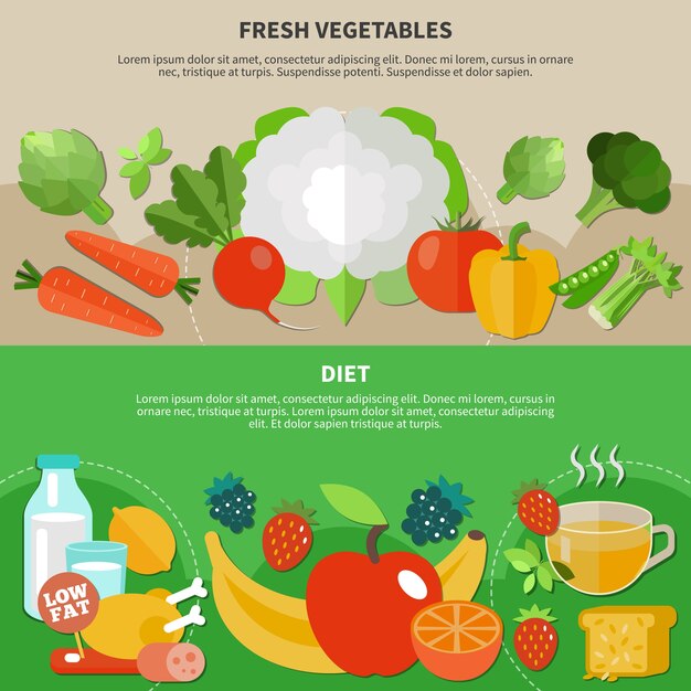 Dos composición plana de alimentación saludable con descripciones de dieta y verduras frescas
