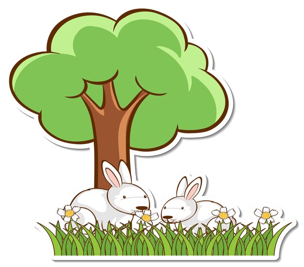 Dos conejos blancos debajo del árbol pegatina
