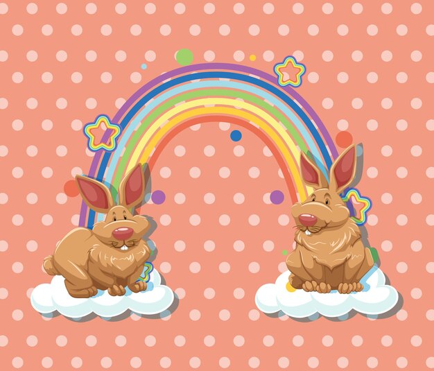 Dos conejos en la nube con arco iris sobre fondo de lunares