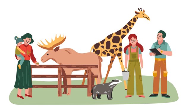 Vector gratuito dos cuidadores del zoológico y visitantes felices del zoológico alimentando animales alce jirafa y mapache ilustración vectorial plana