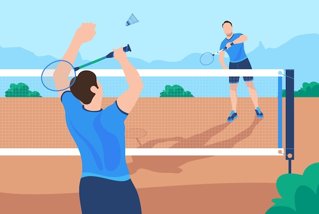 Dos deportistas en uniforme azul jugando bádminton al aire libre ilustración vectorial plana
