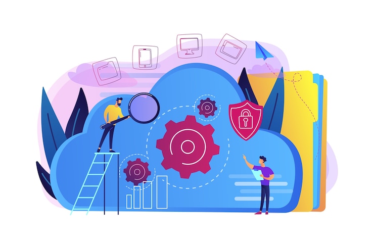 Vector gratuito dos desarrolladores mirando los engranajes en la ilustración de la nube
