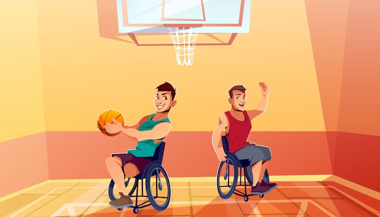 Vector gratuito dos discapacitados en silla de ruedas jugando baloncesto de dibujos animados. actividad física, rehabilitación.