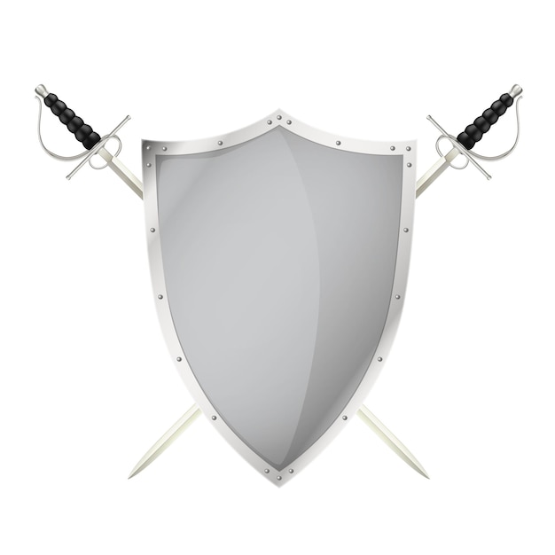 Dos espadas cruzadas detrás de la ilustración de escudo de acero en blanco