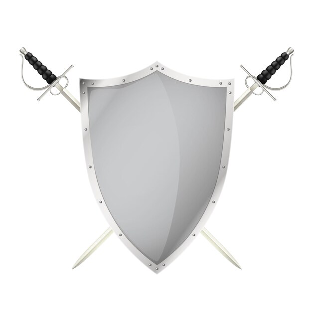 Dos espadas cruzadas detrás de la ilustración de escudo de acero en blanco