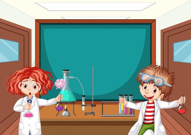 Dos estudiantes de ciencias trabajando en laboratorio en la escuela