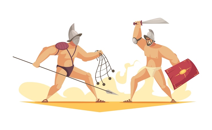 Vector gratuito dos gladiadores armados que luchan ilustración vectorial de composición de dibujos animados