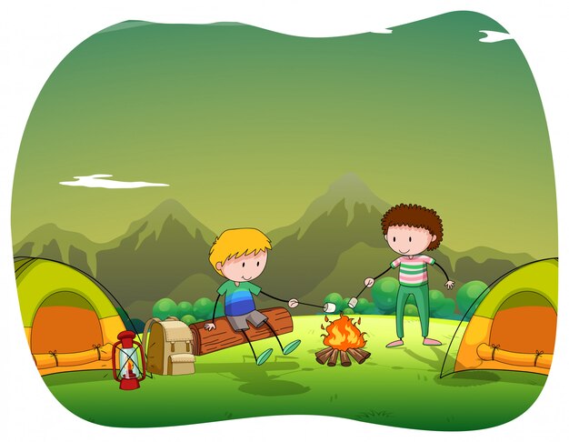 Dos hombres acampando en el campo