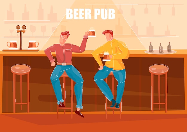 Vector gratuito dos hombres bebiendo cerveza en el mostrador de bar en pub flat