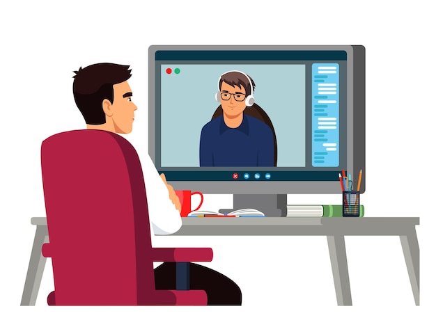 Vector gratuito dos hombres hablando en una videollamada en línea comunicación a través de trabajadores de la pantalla de la computadora hablando en videoconferencia con taza y libros reunión digital virtual