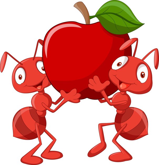 Dos hormigas sosteniendo manzana roja | Vector Premium