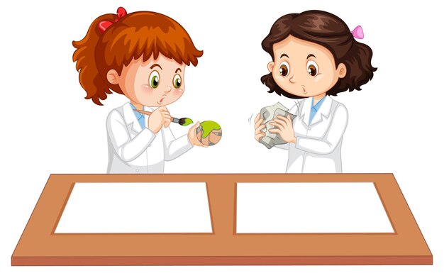 Dos jóvenes científicos uniformes con papel en blanco sobre la mesa