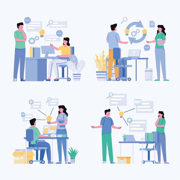 Dos jóvenes empresarios reunidos para intercambiar ideas y crear un plan para trabajar para el objetivo, ilustración isométrica