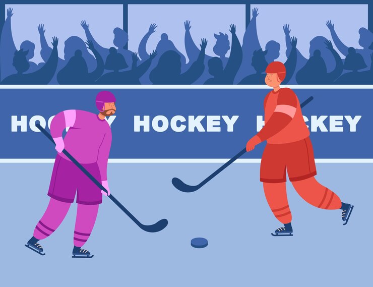 Vector gratuito dos jugadores de hockey de diferentes equipos luchando por puck.