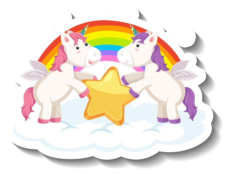 Vector gratuito dos lindos unicornios sosteniendo estrellas juntas de dibujos animados pegatina
