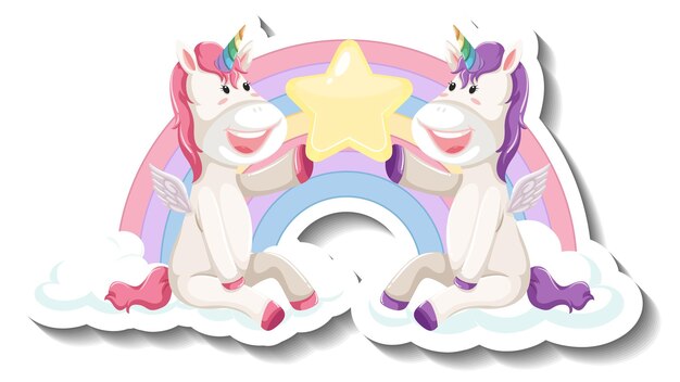 Dos lindos unicornios sosteniendo estrellas juntas de dibujos animados pegatina