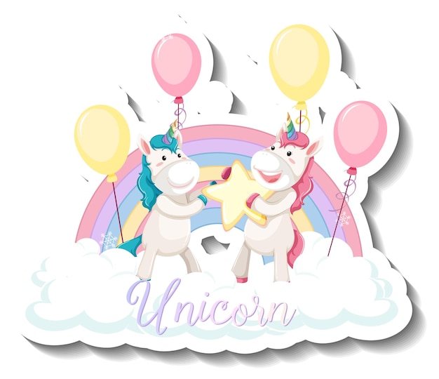 Dos lindos unicornios sosteniendo estrellas juntas de dibujos animados pegatina