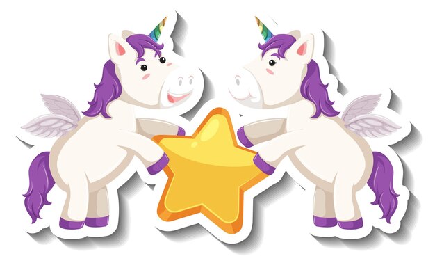 Dos lindos unicornios sosteniendo estrellas juntas de dibujos animados pegatina