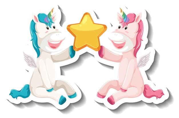 Dos lindos unicornios sosteniendo estrellas juntas de dibujos animados pegatina