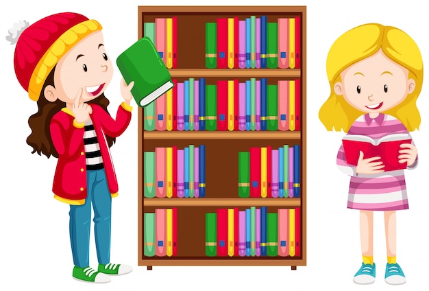 Dos muchachas en la ilustración de la biblioteca