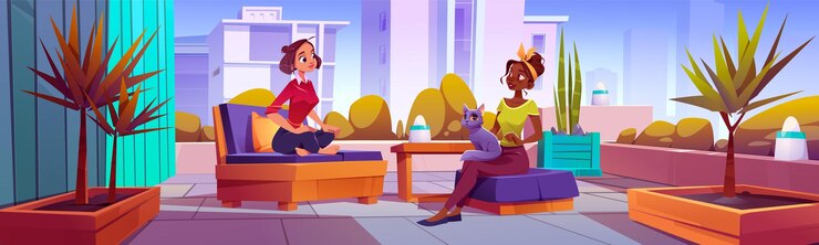 Vector gratuito dos mujeres hablando en la terraza de la gran ciudad