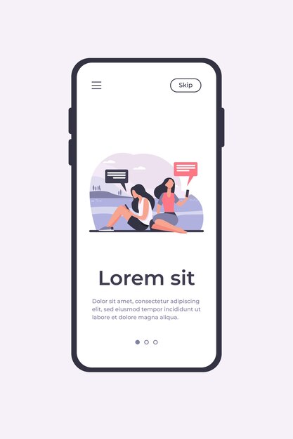 Dos mujeres relajándose en la naturaleza y usando teléfonos inteligentes. Naturaleza, redes sociales, mensaje ilustración vectorial plana. Plantilla de aplicación móvil de concepto de tecnología digital y estilo de vida