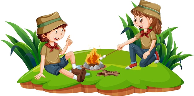 Vector gratuito dos niños acampando asando malvaviscos