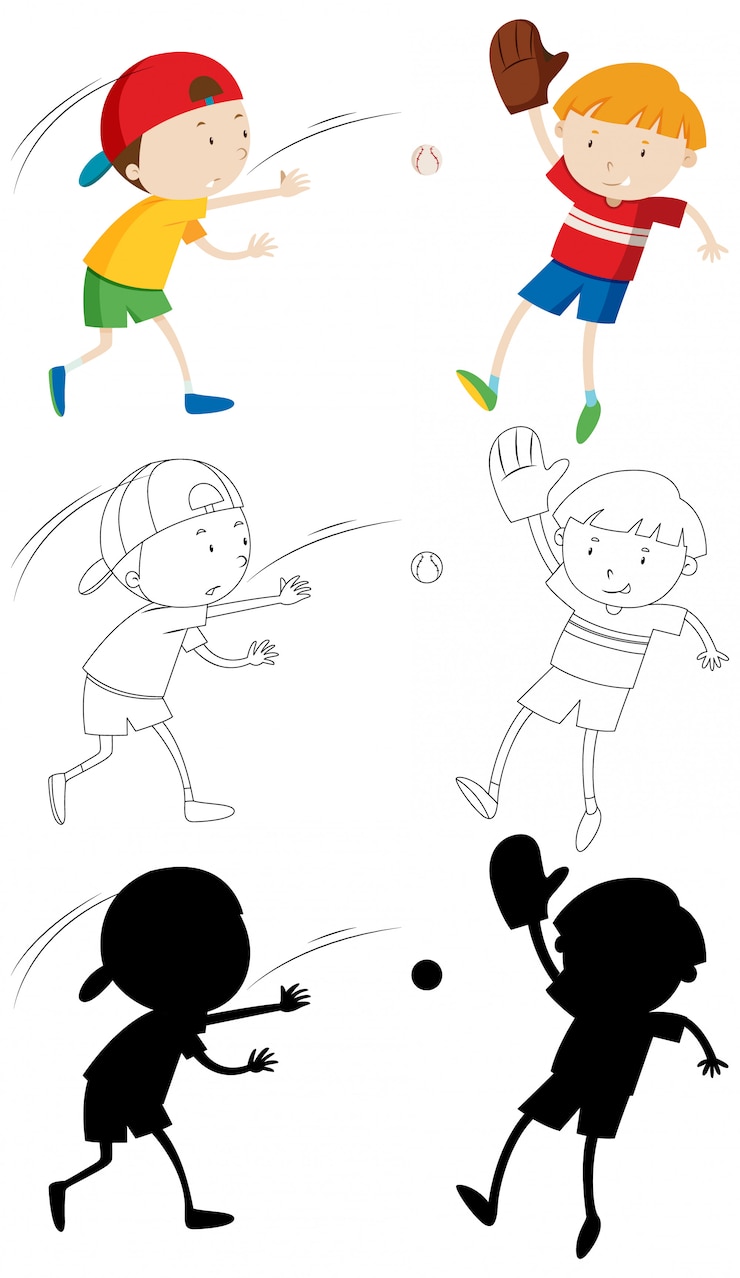 Vector gratuito dos niños jugando béisbol en color y en contorno y silueta