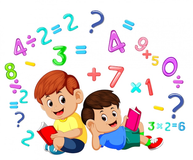 Dos niños leyendo libros y aprendiendo matemáticas | Vector Premium