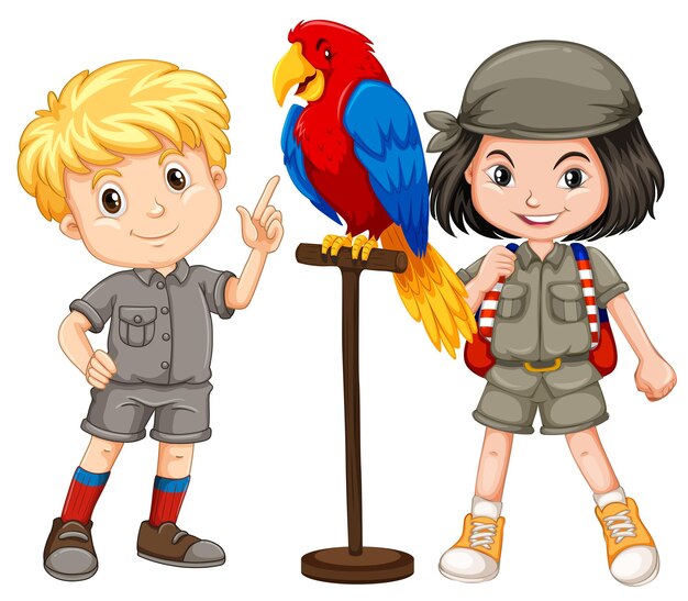 Dos niños con mascota loro.