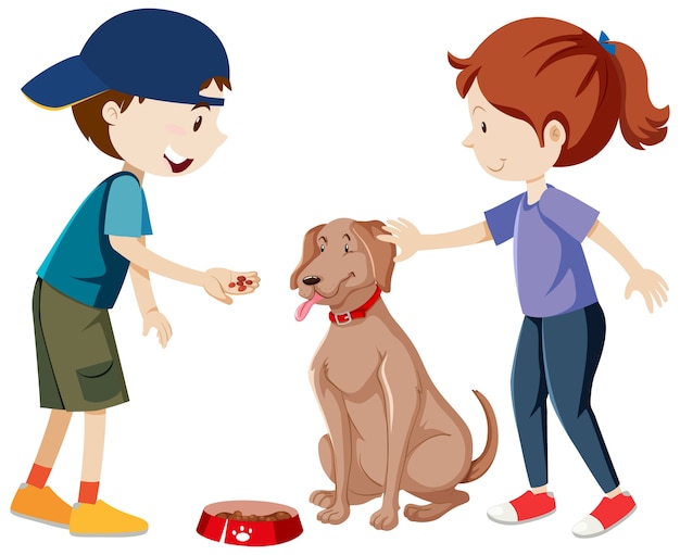 Vector gratuito dos niños practicando y alimentando a su perro de dibujos animados aislado