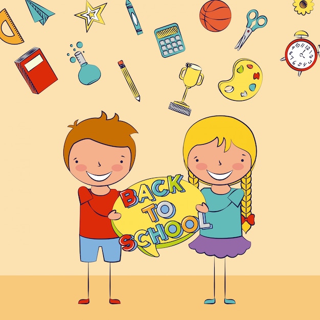Vector gratuito dos niños de regreso a la escuela con algunos elementos escolares ilustración