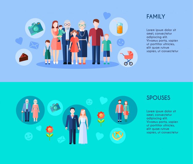 Dos pancartas de la familia extendida con miembros de diferentes generaciones y cónyuges de diferentes edades