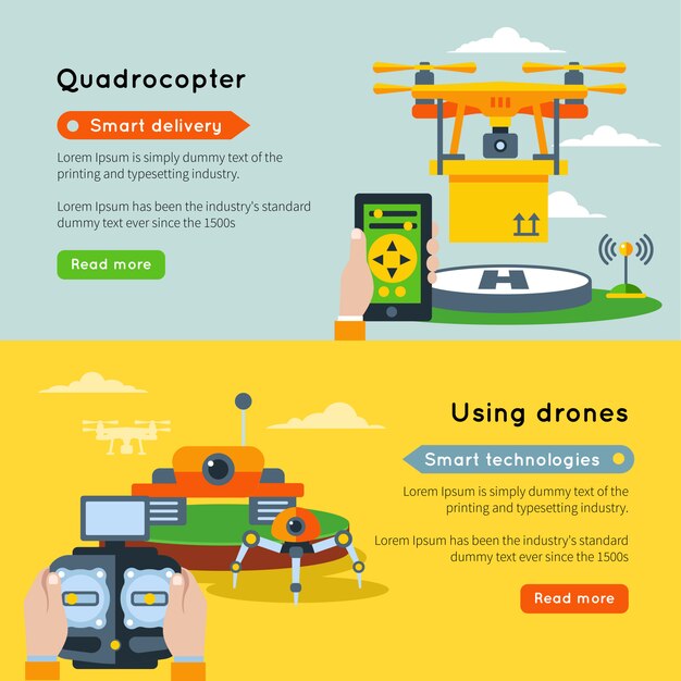 Dos pancartas horizontales de nuevas tecnologías con entrega inteligente de quadrocopter utilizando tecnologías y botones inteligentes de drones leer más