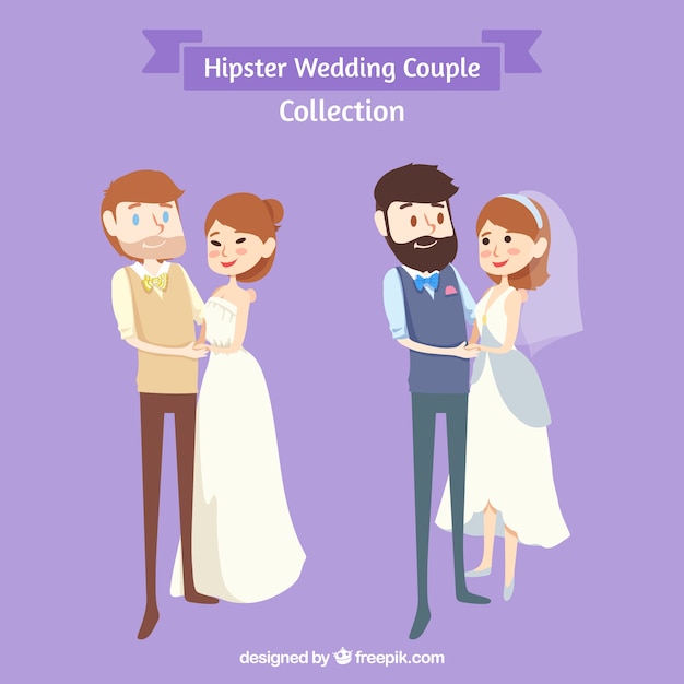 Vector gratuito dos parejas de boda sobre fondo púrpura, estilo hipster