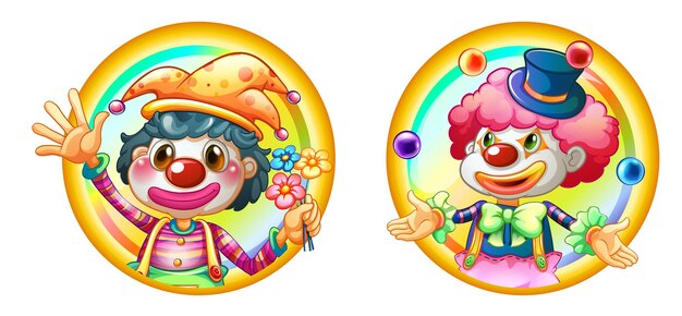 Dos payasos en insignias redondas.
