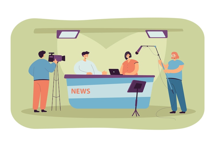Vector gratuito dos periodistas sentados en el escritorio en el estudio de televisión aislaron la ilustración plana.