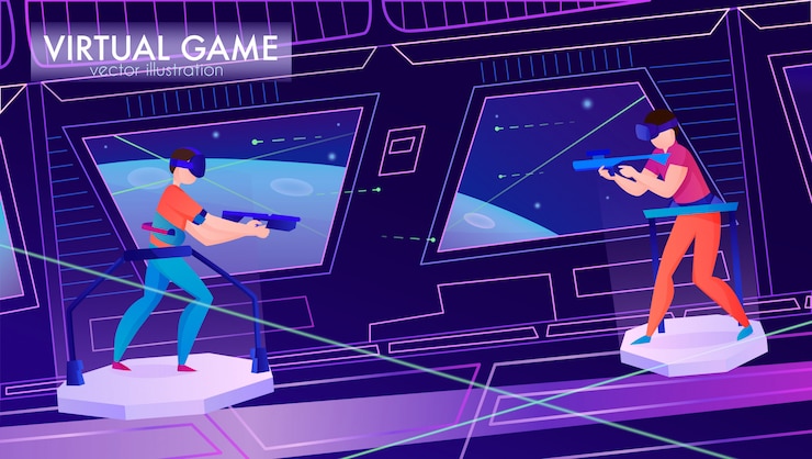 Vector gratuito dos personas jugando al juego en gafas de realidad virtual horizontal de dibujos animados