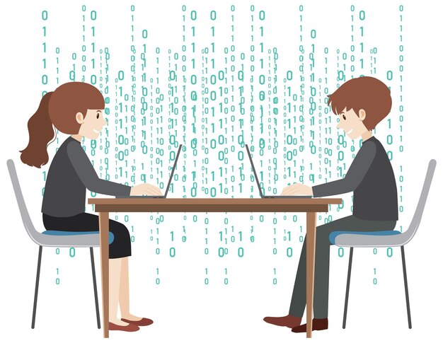 Dos personas que usan una computadora portátil con antecedentes de código binario