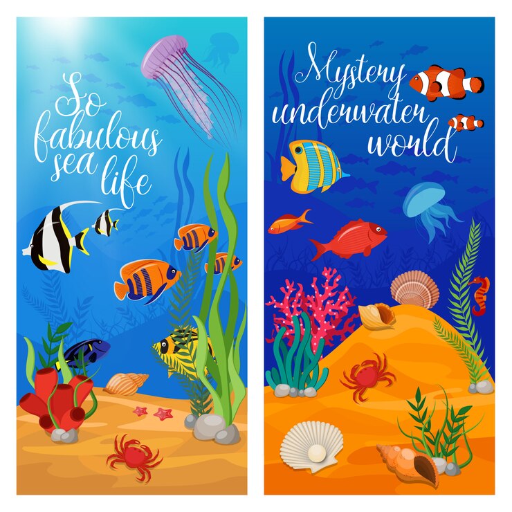Vector gratuito dos plantas de animales marinos verticales con peces y títulos