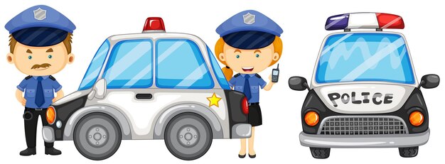 Dos policías junto al coche de la policía.